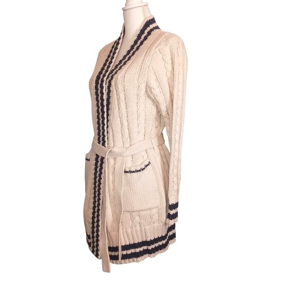 NEW Chaser Cable Knit Belted Cardigan In Cake/Cream & Blue Jay Stripe M Preppy - Picture 3 of 11